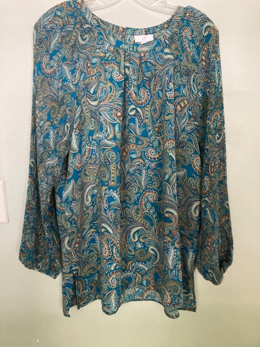 J.Jill Paisley Print Long Sleeve Distinct pleaded Blouse - Bright Teal Ornate